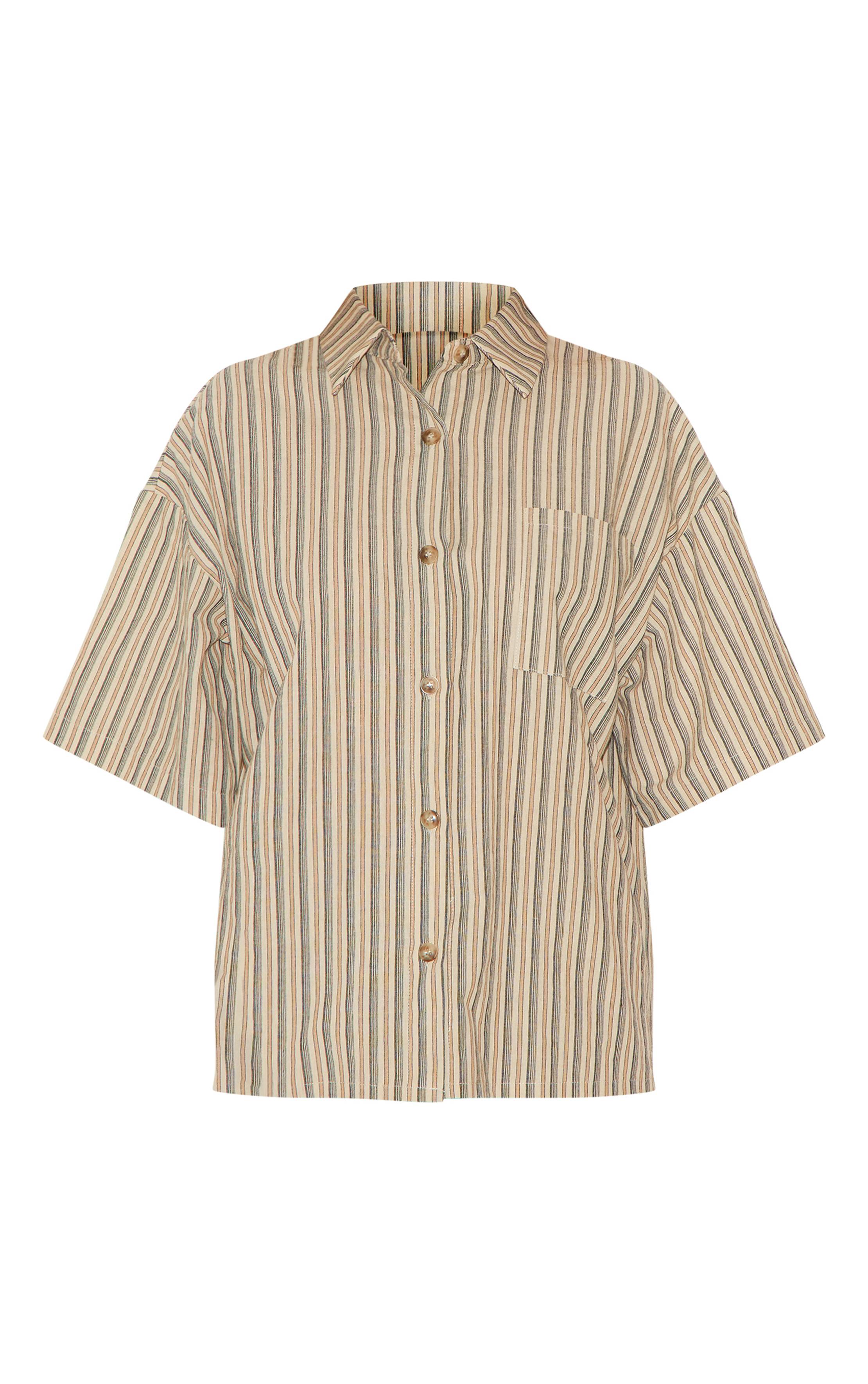 Vert Chemise Oversize À Manches Courtes À Fines Rayures