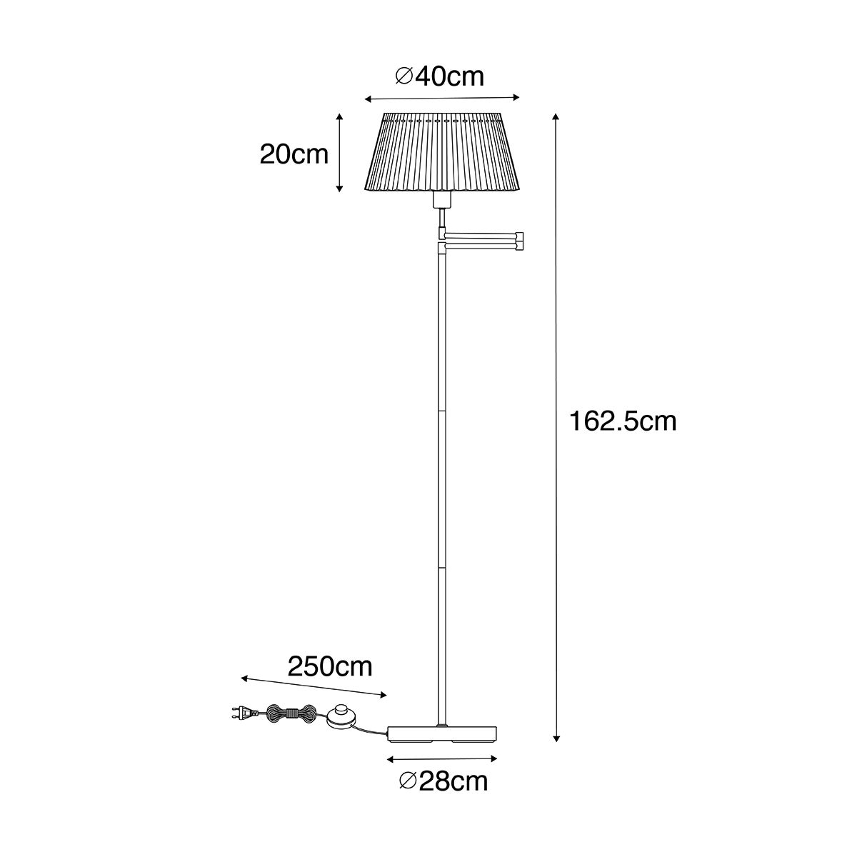 QAZQA - Klassieke I antieke zwarte vloerlamp met zwarte geplooide kap en verstelbare arm - Ladas Deluxe I Woonkamer I Slaapkamer - Staal Langwerpig - LED Geschikt E27