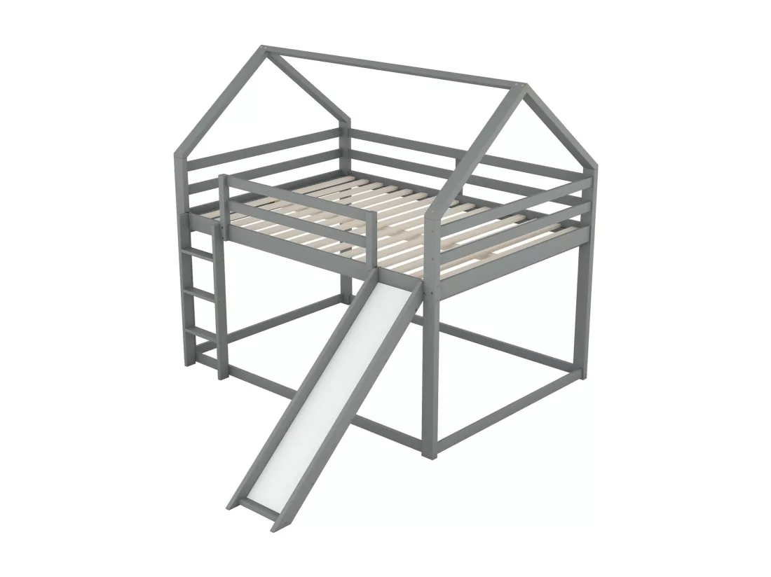 Lit superposé cabane avec toboggan - 140x200cm - Pin massif + MDF - lit pour enfants - Blanc