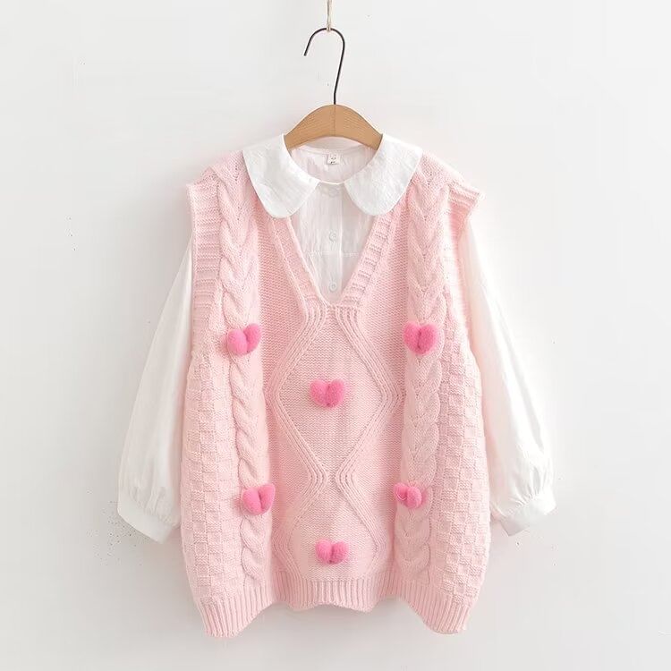 PANDAGO - V-hals trui met hartaccent / effen shirt met lange mouwen / set
