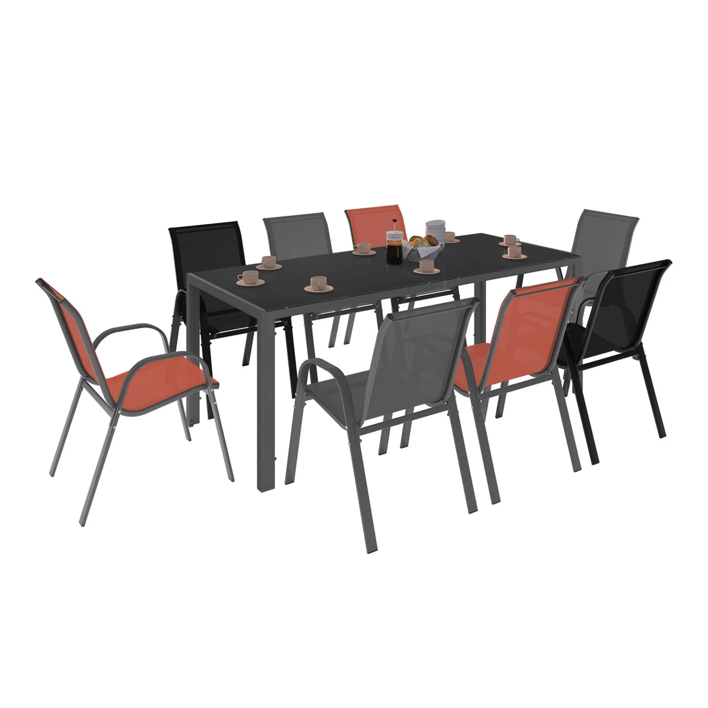 Salon de jardin MADRID table 190 cm et 8 chaises empilables mix color gris, noir et terracotta
