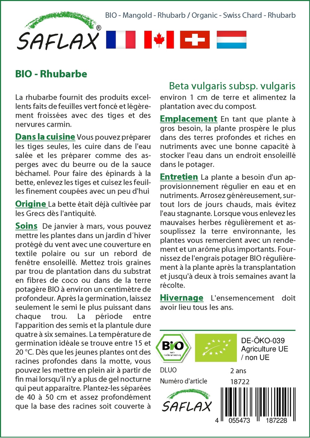 Jardin dans le sac - bio - rhubarbe - 50 graines - beta vulgaris subsp. Vulgaris
