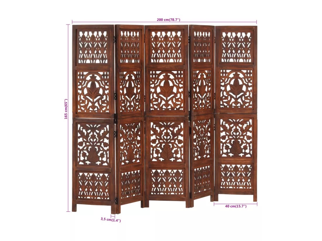 Cloison de séparation 5 panneaux Marron 200x165cm Bois manguier