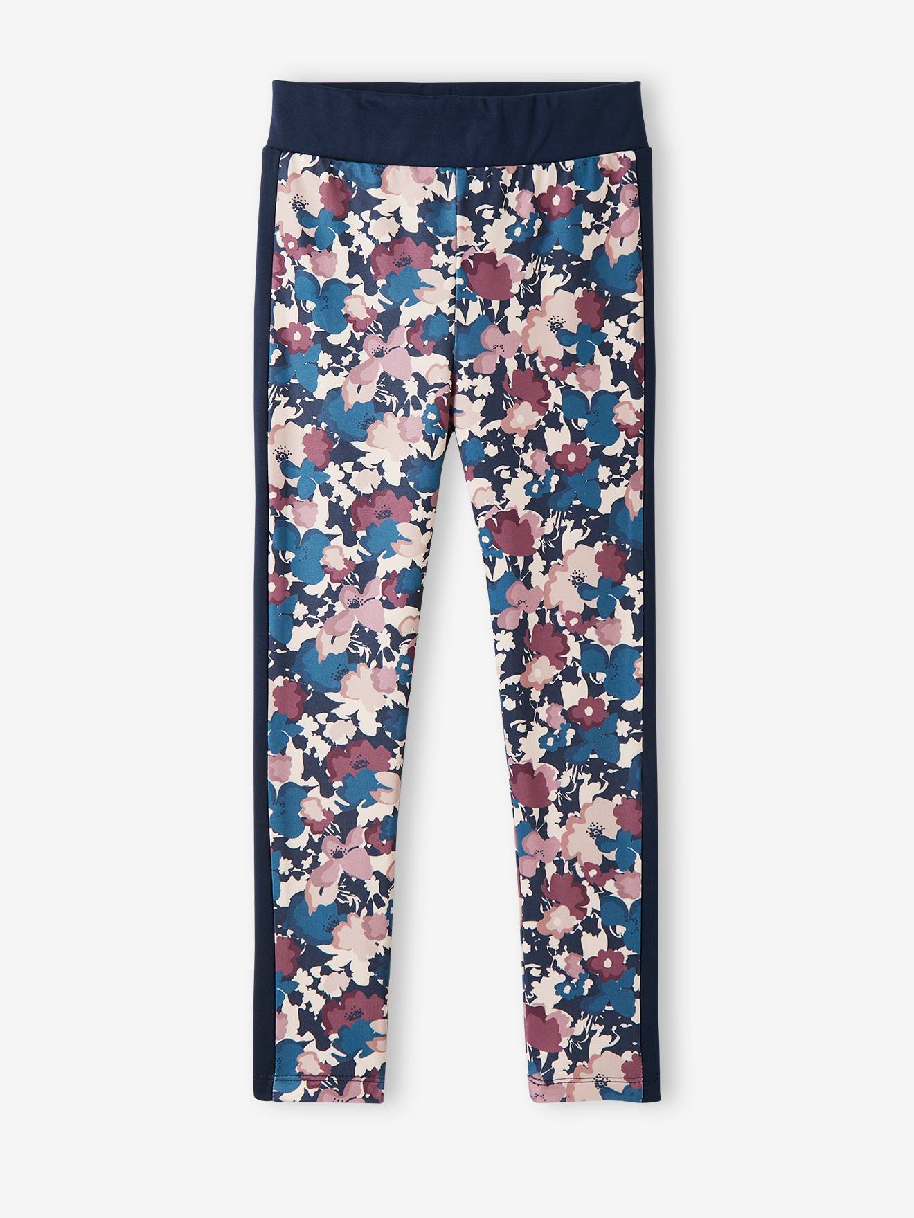 Leggings esportivas macias ao toque, estampadas em azul escuro para meninas.