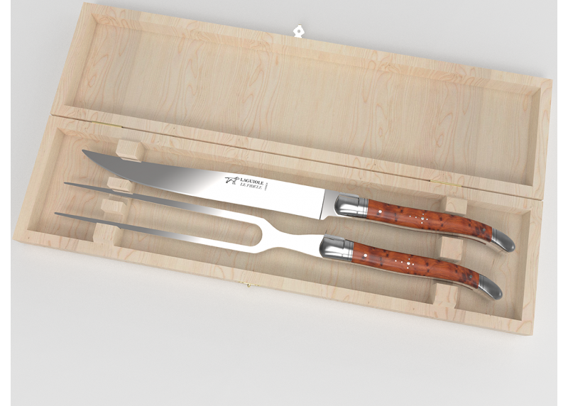 Service à viande Laguiole avec un manche en loupe de thuya et mitres en acier inoxydable