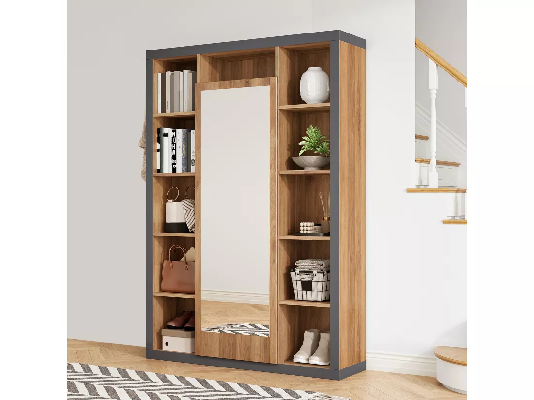 Vestiaire avec miroir et étagères de rangement - 115 x 30 x 165 cm - MDF - Naturel et gris