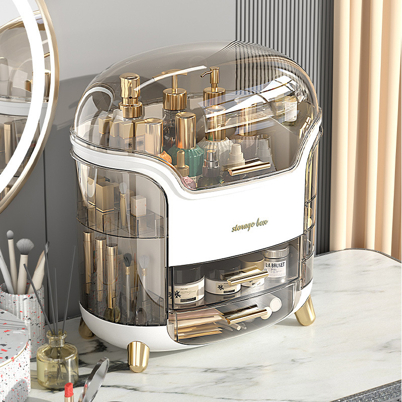 Make Up Organizer Schminktisch Kosmetik Aufbewahrung mit Deckel und Schubladen - Transparent / Weiss