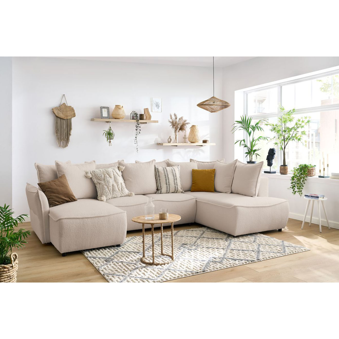 Bobochic Canapé panoramique convertible coffre d'angle gauche bouclette léon beige - 320x194x90 cm