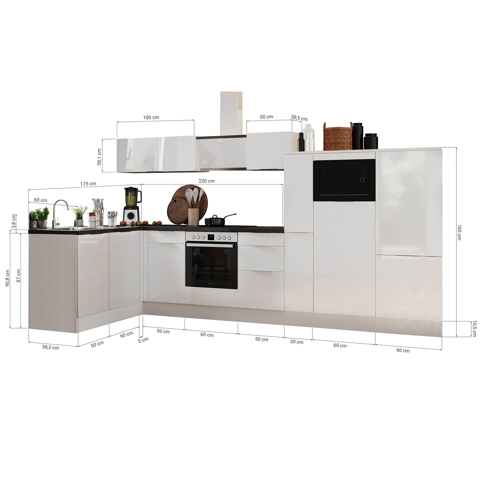 RESPEKTA Winkelküche - weiß Hochglanz - weiß matt - mit E-Geräten - 370x175 cm