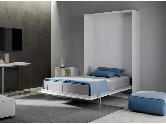 Lit escamotable vertical frêne blanc et porte bleu clair kanto 140x190