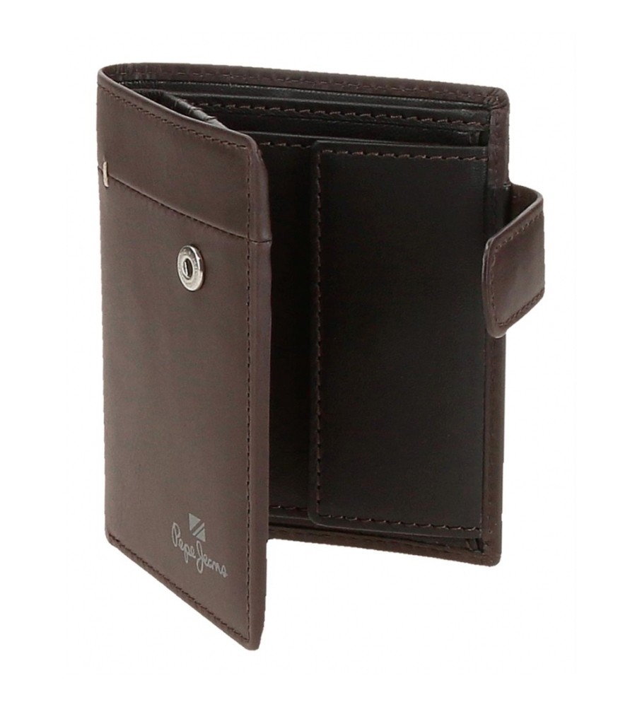 Carteira Pepe Jeans Staple em couro com fecho de clique, marrom