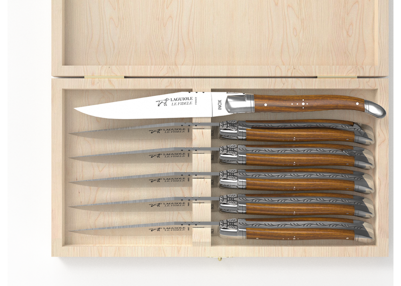 Service de 6 couteaux Laguiole avec un manche en bois de gaïac et mitres en acier inoxydable