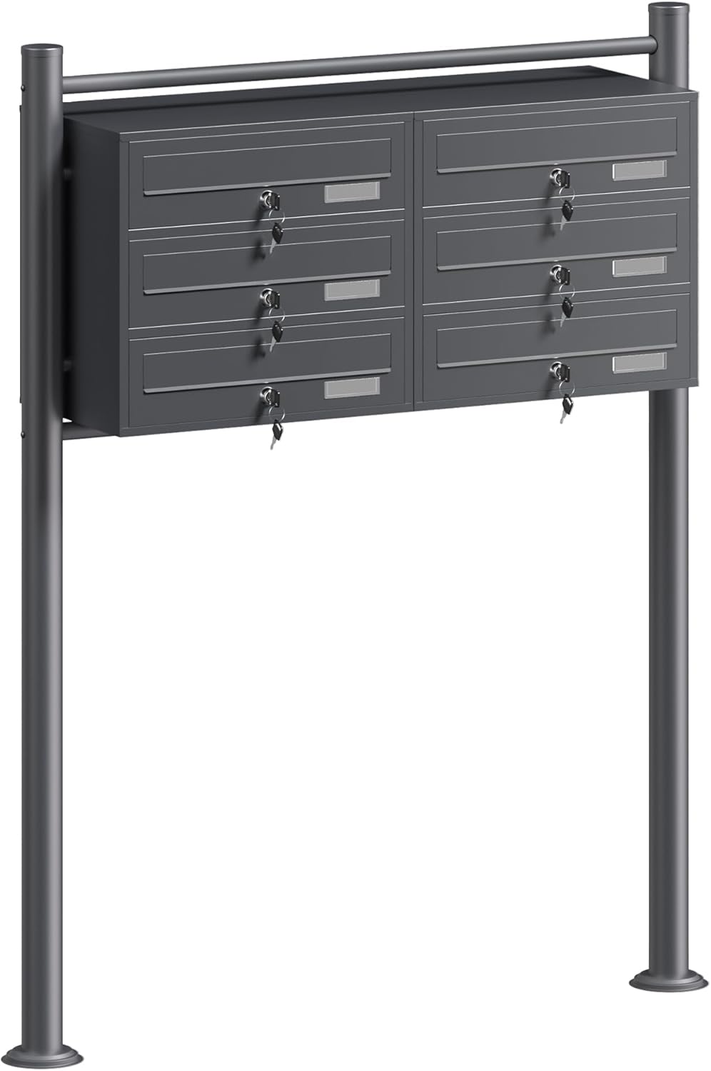 Wiltec 6er Briefkastenanlage Anthrazit 945 x 270 x 1200 mm, Standbriefkasten mit 2x3 Fächern, Schlüssel und Namensschild, Briefkasten Postkasten mit Ständer