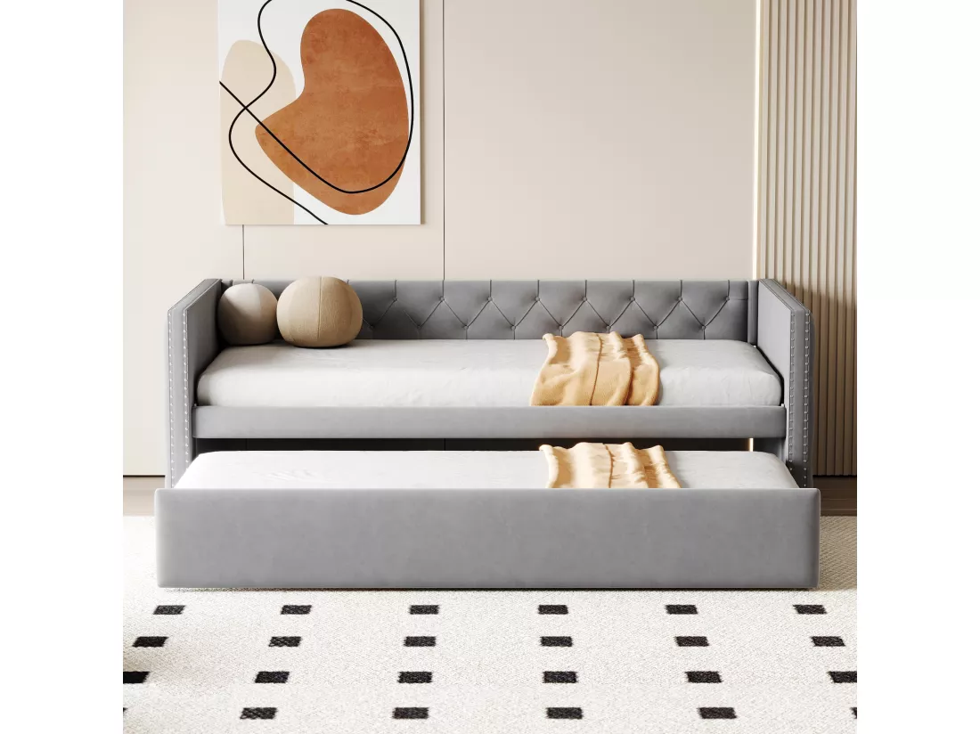 Lit gigogne rembourré en velours - 90/180x200 cm - avec sommier à lattes - Gris clair