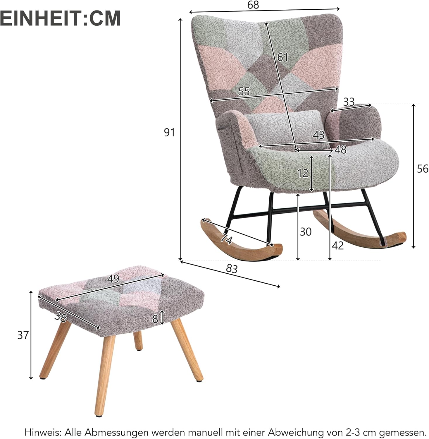 Merax Schaukelstuhl mit Hocker, Sessel Relaxsessel Schaukelsessel mit Flügelrückenlehne & Lendenkissen, Gepolsterter Wohnzimmersessel Schwingsessel, für Schlafzimmer Balkon, Metallgestell, Frottee
