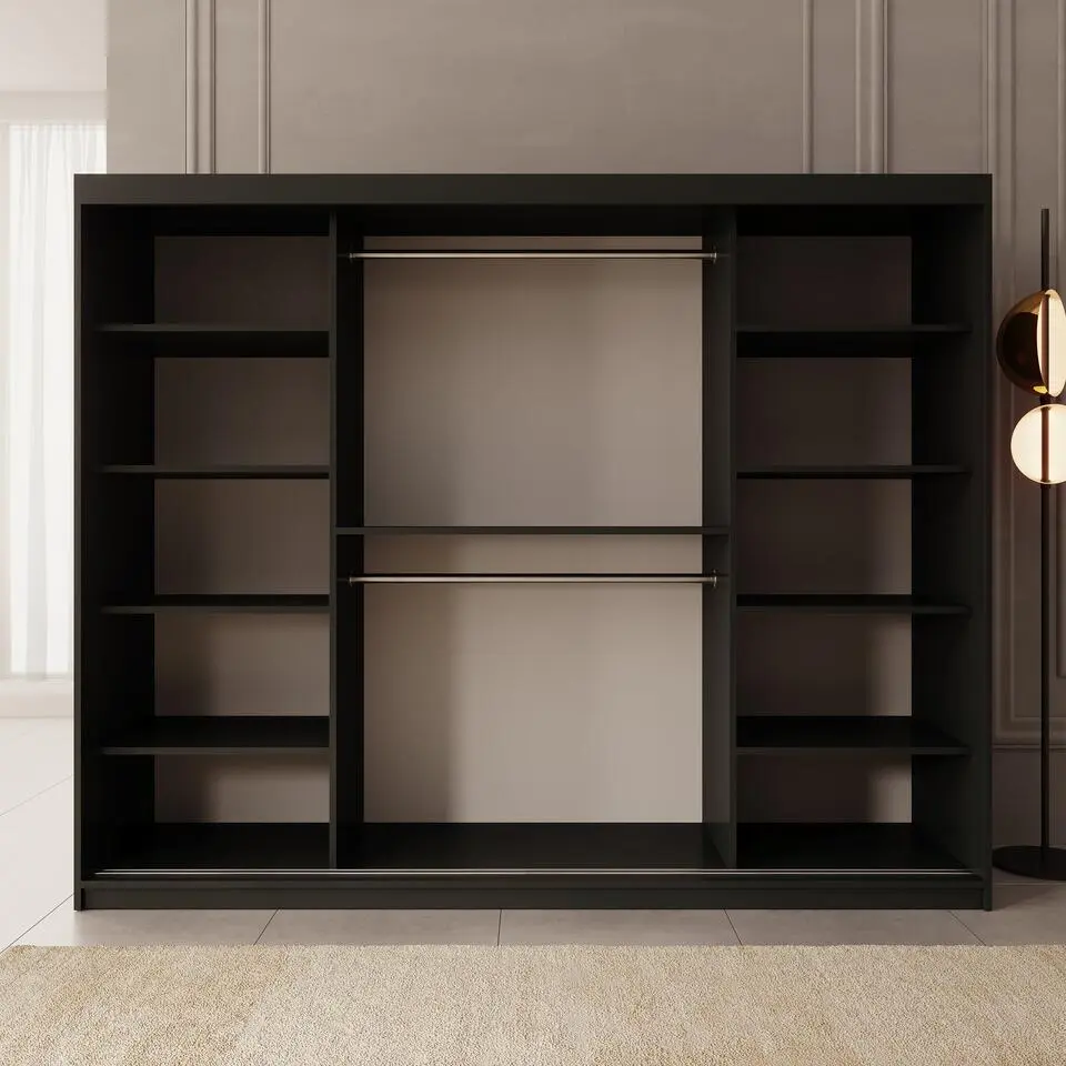 Meubella - Kledingkast Azai - Zwart - 250 cm - Met spiegel
