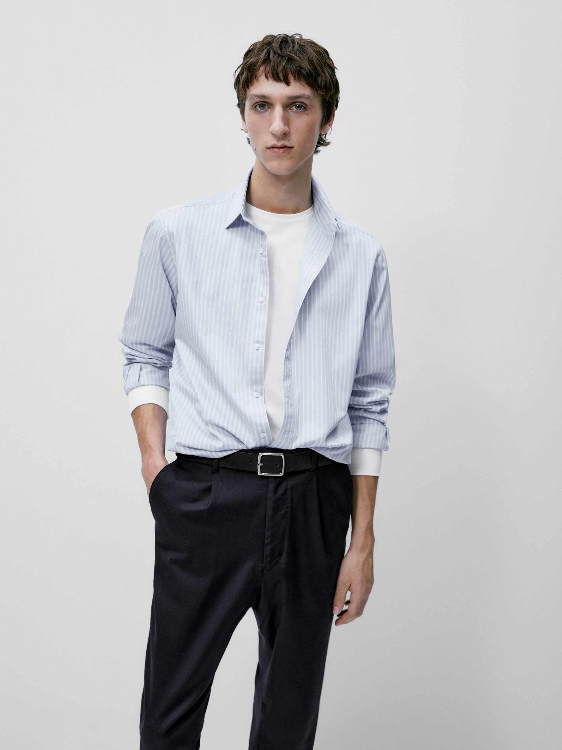 Camisa Rayas de algodão com corte slim - AZUL CLARO