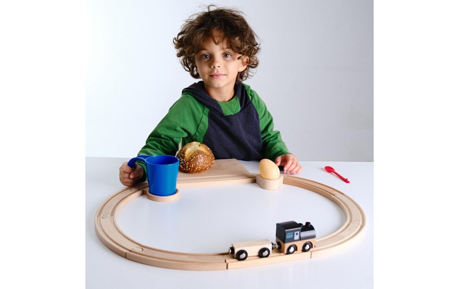 Eisenbahn Frühstücks-SetEisenbahn Frühstücks-Set mit blaue Tasse-Tunnel, kompatibel mit Brio und Co.