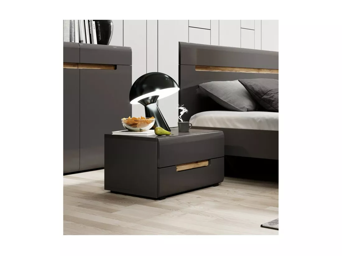 Chambre à coucher LUCIA : Armoire 5 portes + Lit 180x200 + 2 Chevets. Couleur gris et chêne