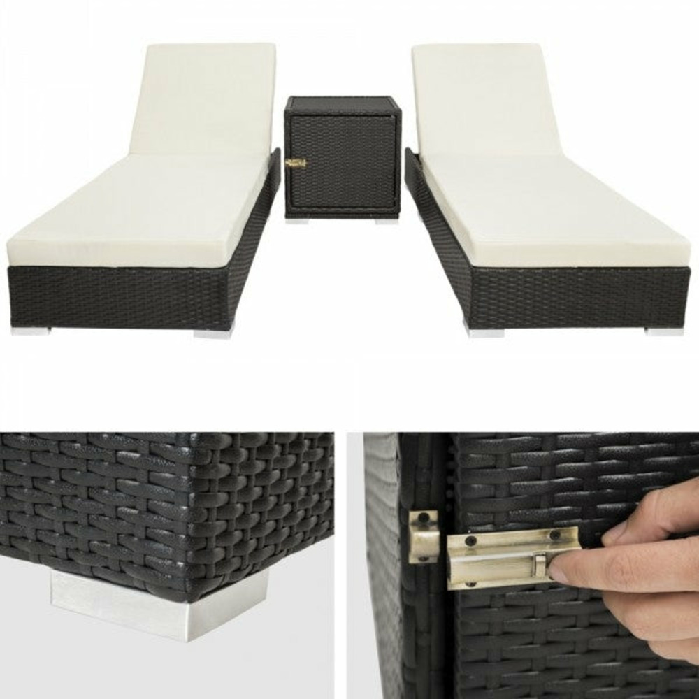 Lot de deux chaises longue bain de soleil en résine tressé poly rotin noir + table + deux set de housses + housse de protecti