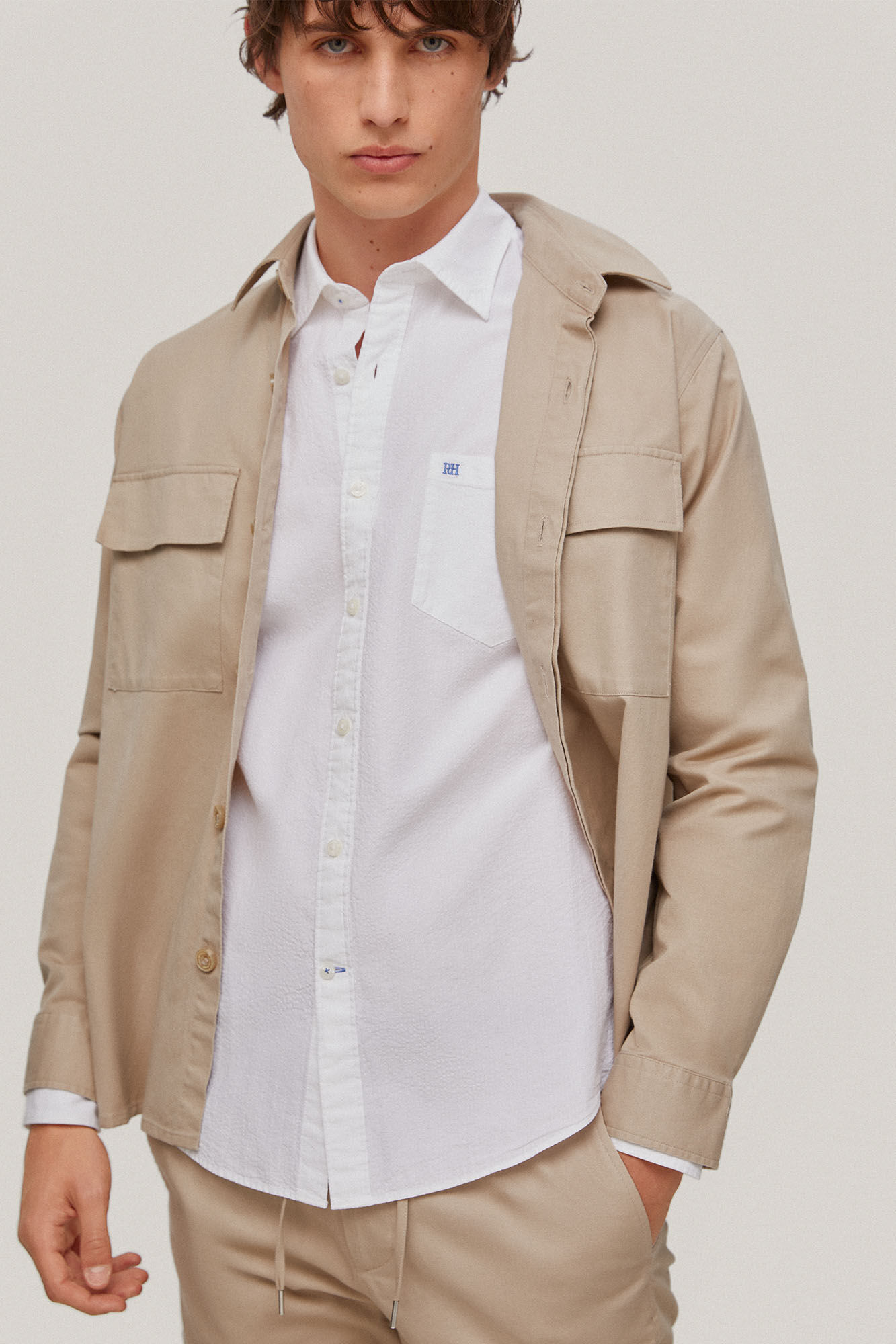 Camisa seersucker lisa manga larga - Branco