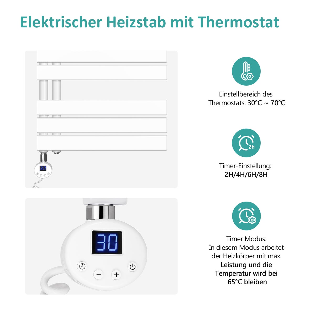 EMKE Elektrische Design Paneelradiator met Thermostaat en Timer voor Handdoekradiator, Zijdelings Open, Verticaal, 400 Watt, 60 cm x 76 cm, Wit