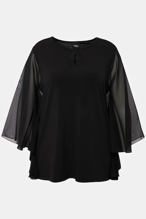 T-Shirt, Ziersteine, Rundhals, Chiffon-Flügelärmel