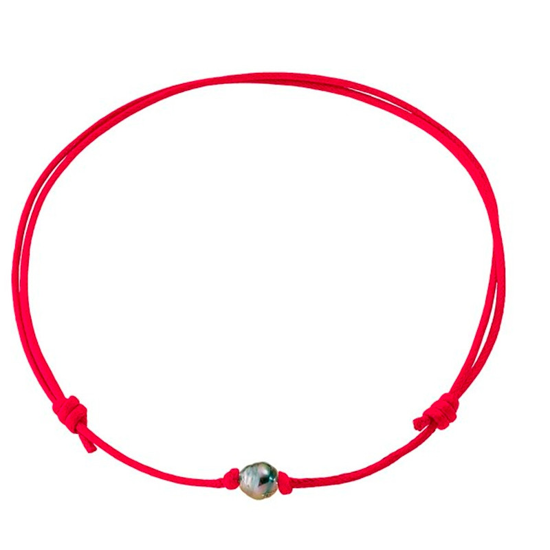 Collier Perle de Tahiti et Coton Ciré Rouge