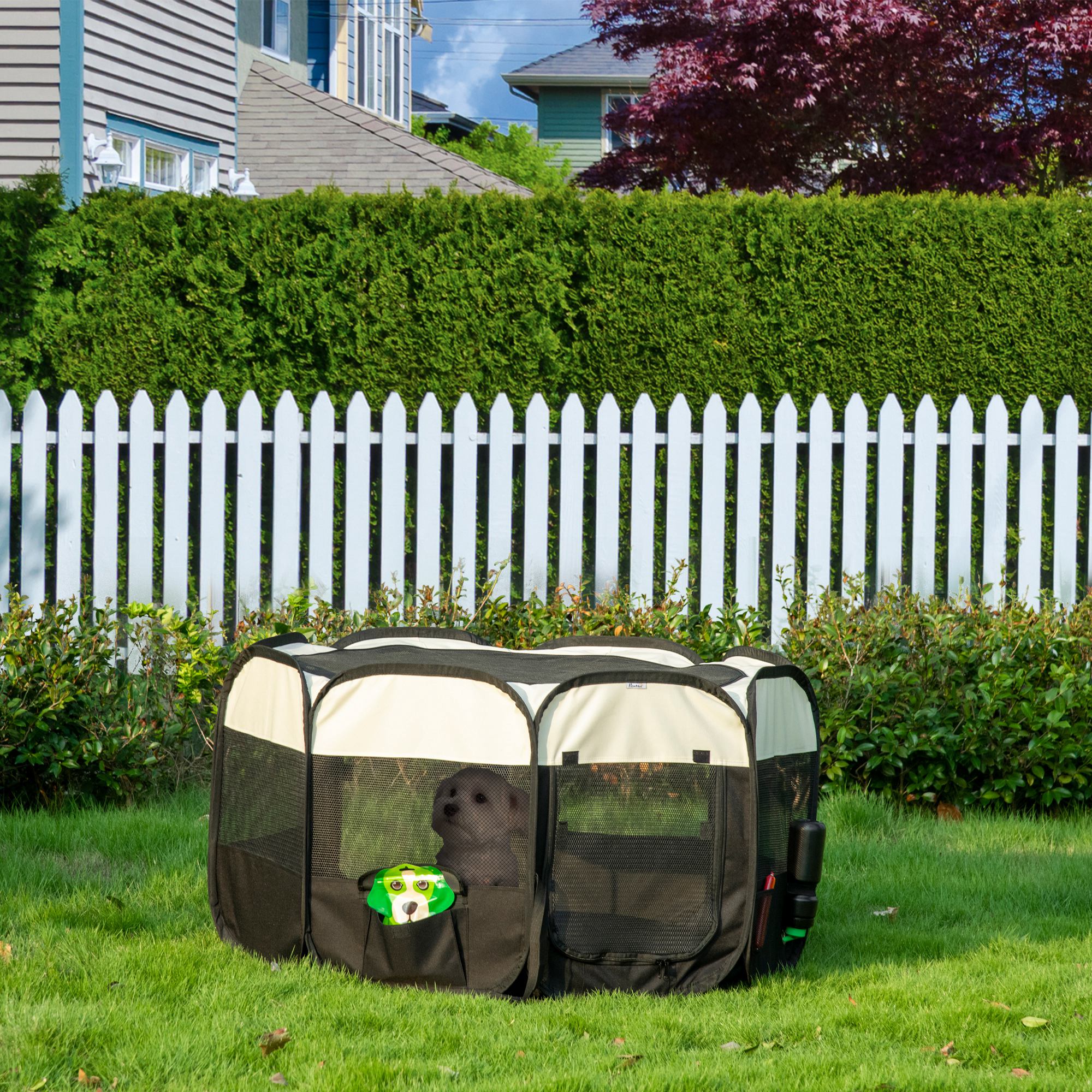 PawHut Welpenlaufstall mit Schutznetz schwarz, weiß 118L x 118B x 62H cm