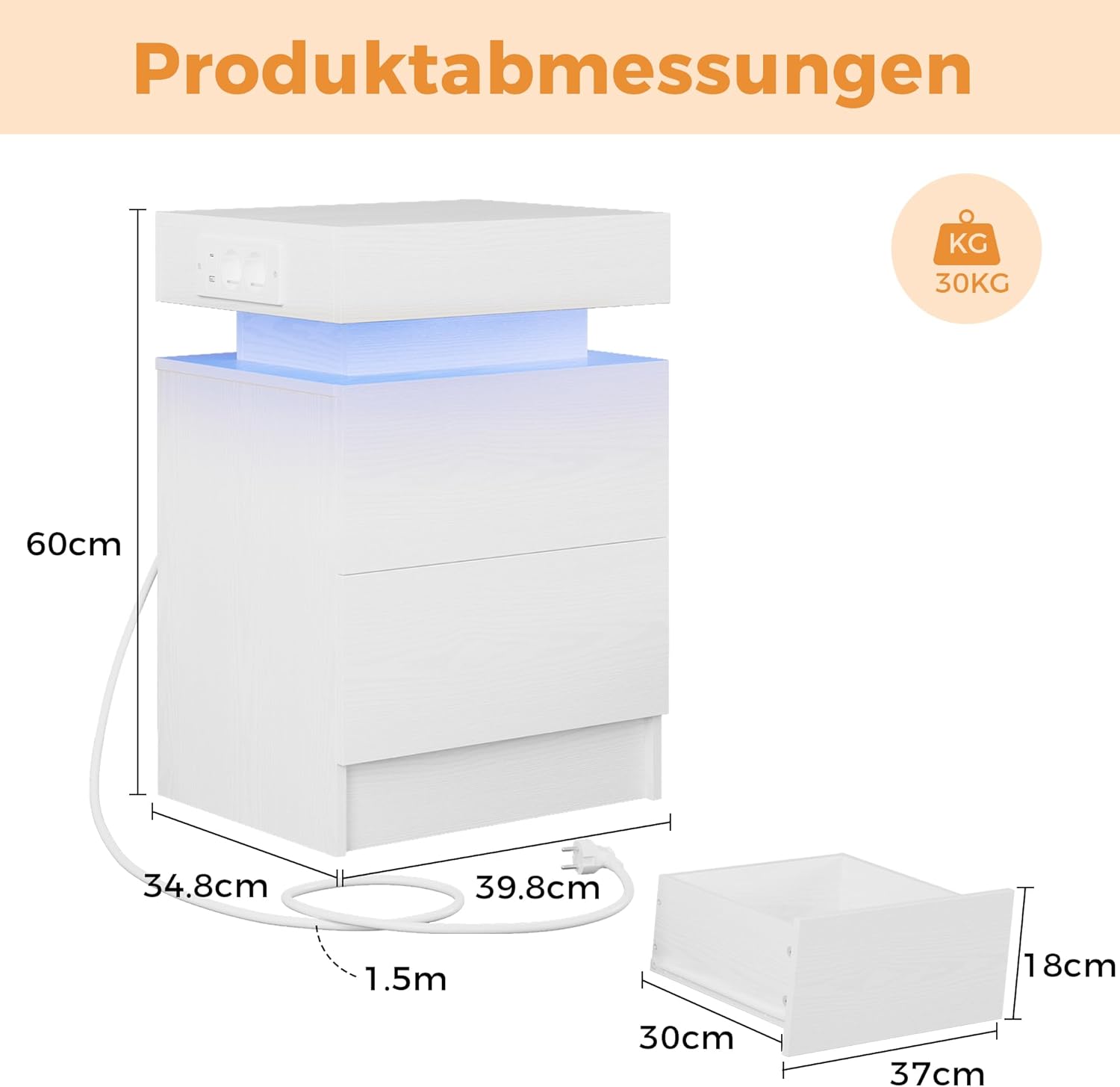 IRONCK Nachttisch 2er Set mit LED-Lichtern & 2 AC-Steckdose, Beistelltisch mit USB+Typ-C Anschlussen, Nachtschrank mit 2 Schubladen, Sofatisch für Schlafzimmer, Wohnzimmer, Weiß