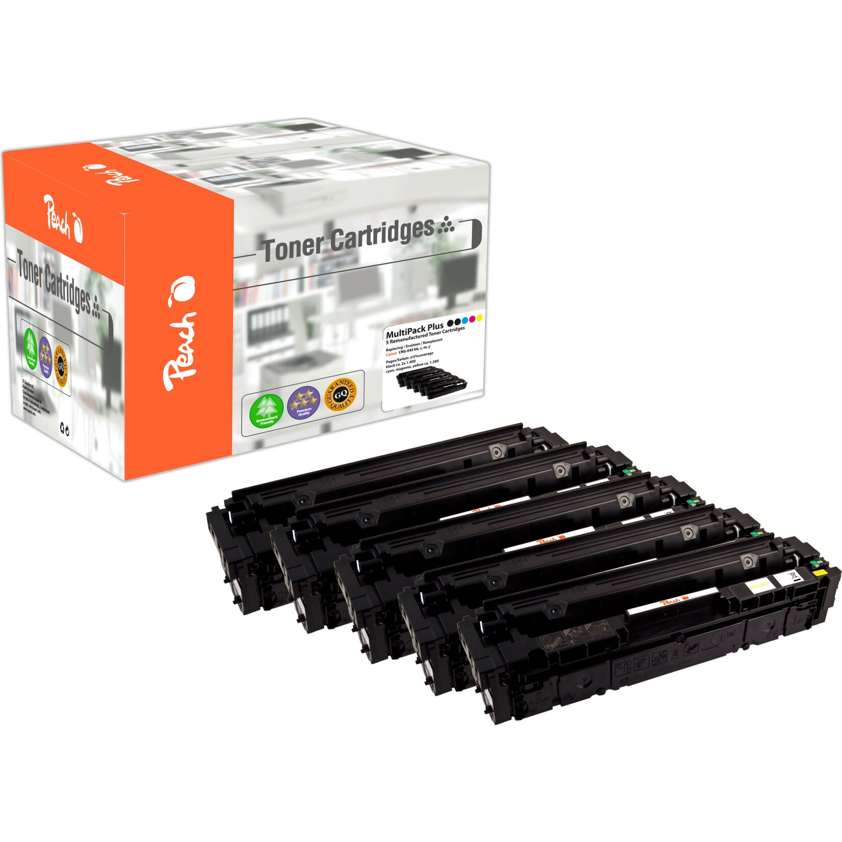 Peach HP 0455 Toner (2*bk, c/m/y) ersetzt Canon CRG-045, 1242C002*2, 1241C002, 1240C002, 1239C002 für z.B. Canon ISensys MF 635 Cx (wiederaufbereitet)