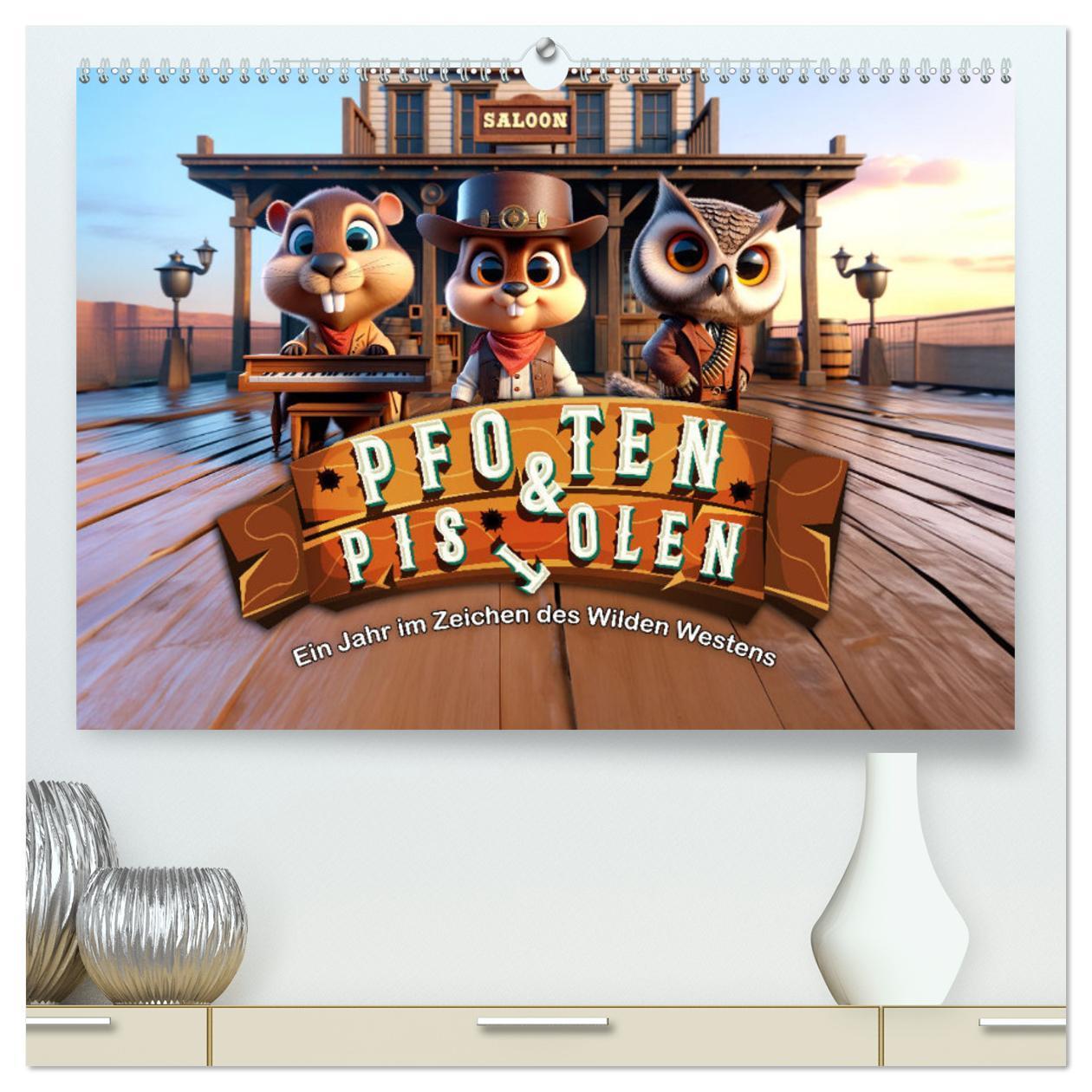 Pfoten und Pistolen: Ein Jahr im Zeichen des Wilden Westens (hochwertiger Premium Wandkalender 2025 DIN A2 quer), Kunstdruck in Hochglanz