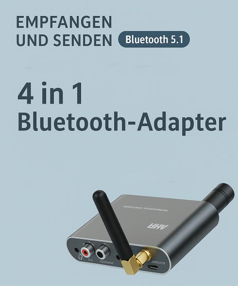 4in1 Bluetooth 5.1 Audio Transmitter / Receiver   DAC mit USB-C Stromversorgung & USB / 3.5mm / Digital-Anschluss / Aluminiumgehäuse – Schwarz