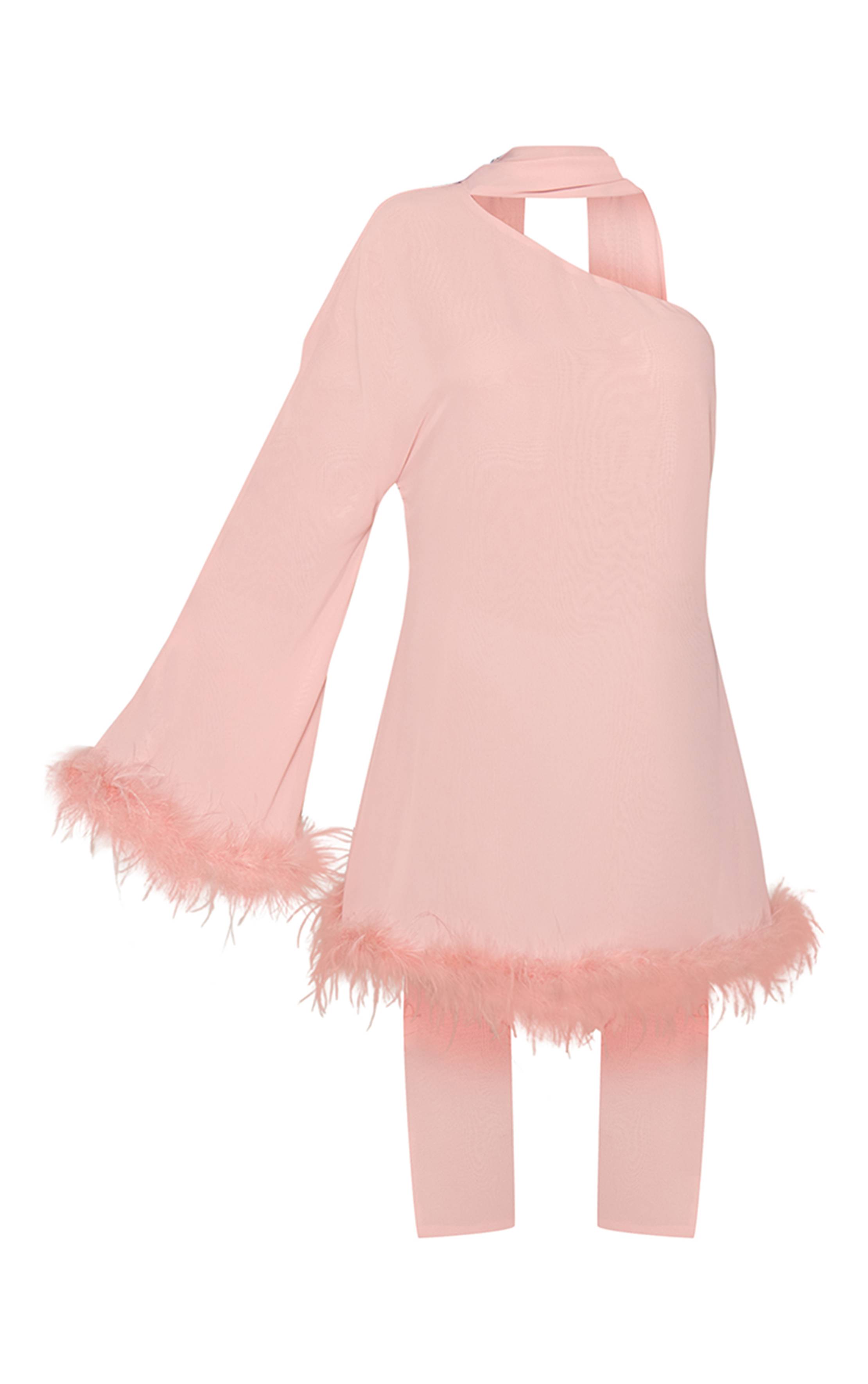Rose Bébé Robe Droite En Mousseline À Une Épaule Avec Détails De Plumes