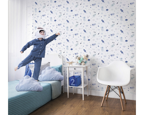 Vliesbehang 45848 Kids Walls Space blauw wit