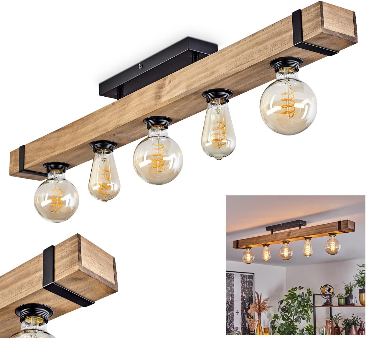 Deckenleuchte Montgomery, moderne Deckenlampe aus Metall/Holz in Schwarz/Natur, Leuchte im skandinavischen Design mit Holzbalken (100 cm), 5-flammig, 5 x E27-Fassung, Wohnzimmer, Küche, Flur, Büro