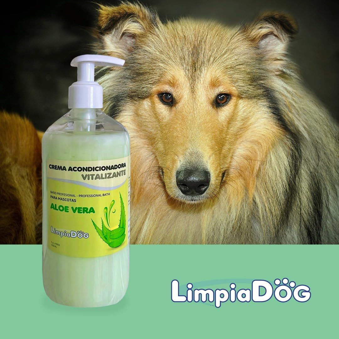 Condicionador desembaraçante revitalizante com aloe vera LimpiaDog para cães e gatos, 500ml, para o cuidado e maciez da pelagem, hidratação e brilho.