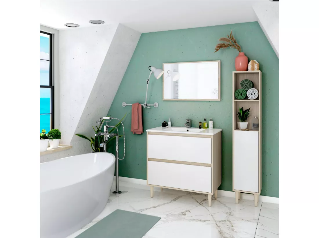 Colonne de salle de bain Dokol, Élément mural de salle de bain avec 1 porte, Armoire haute, 30x25h150 cm, Chêne et Blanc Brillant