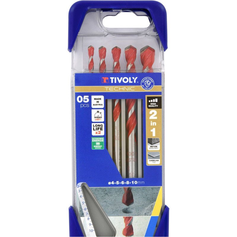 Coffret de 5 forets 2en1 béton-carrelage Tivoly Technic Ø 4 à 10 mm