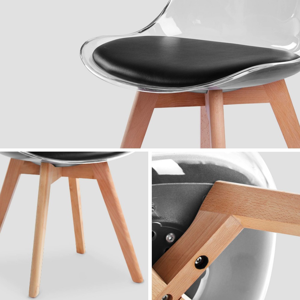 Lot de 4 chaises scandinaves - lagertha - pieds bois. Fauteuils 1 place. Coussin noir. Coque transparente