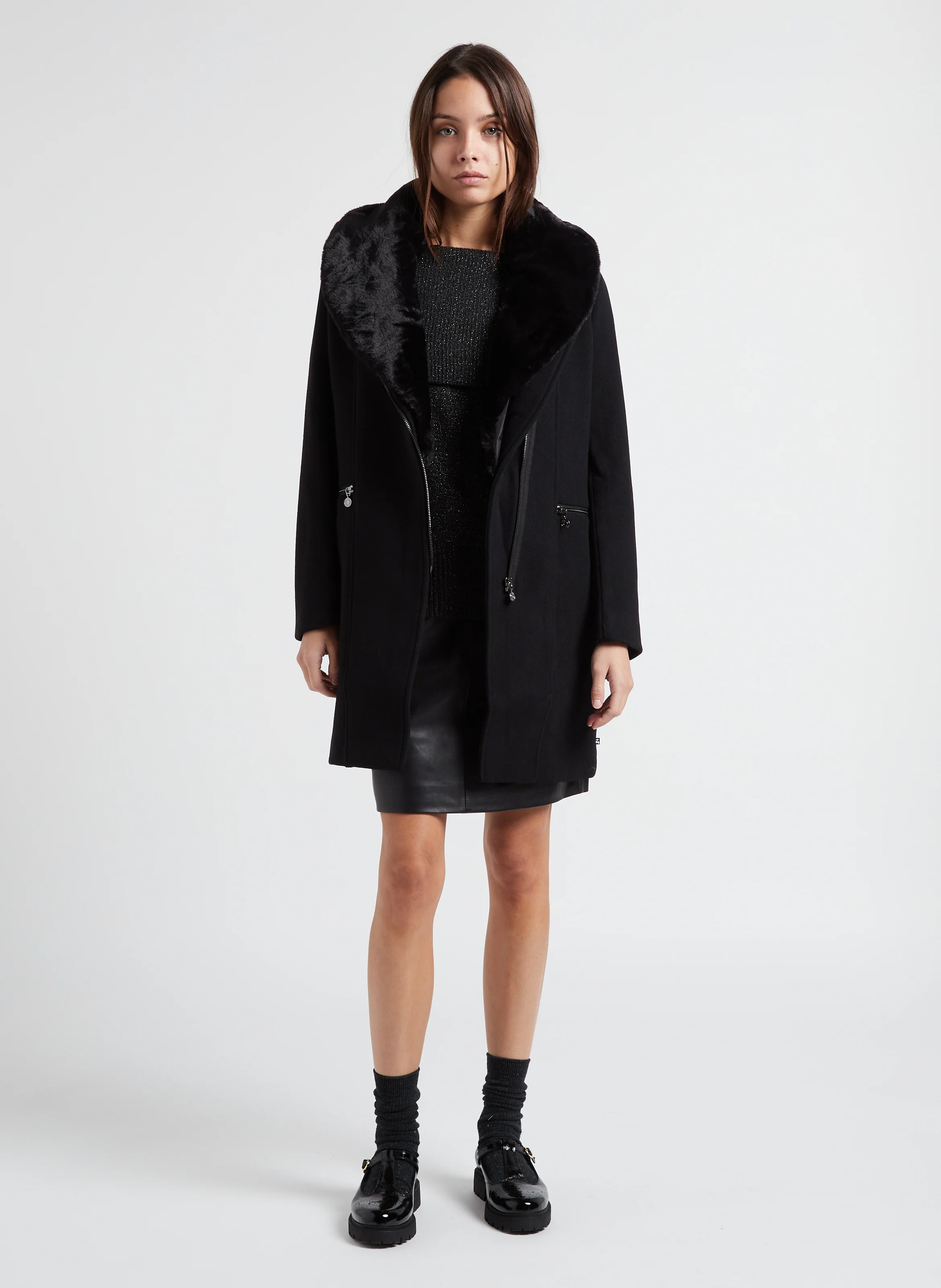 PHILINE - Manteau col tailleur en laine mélangée | Noir