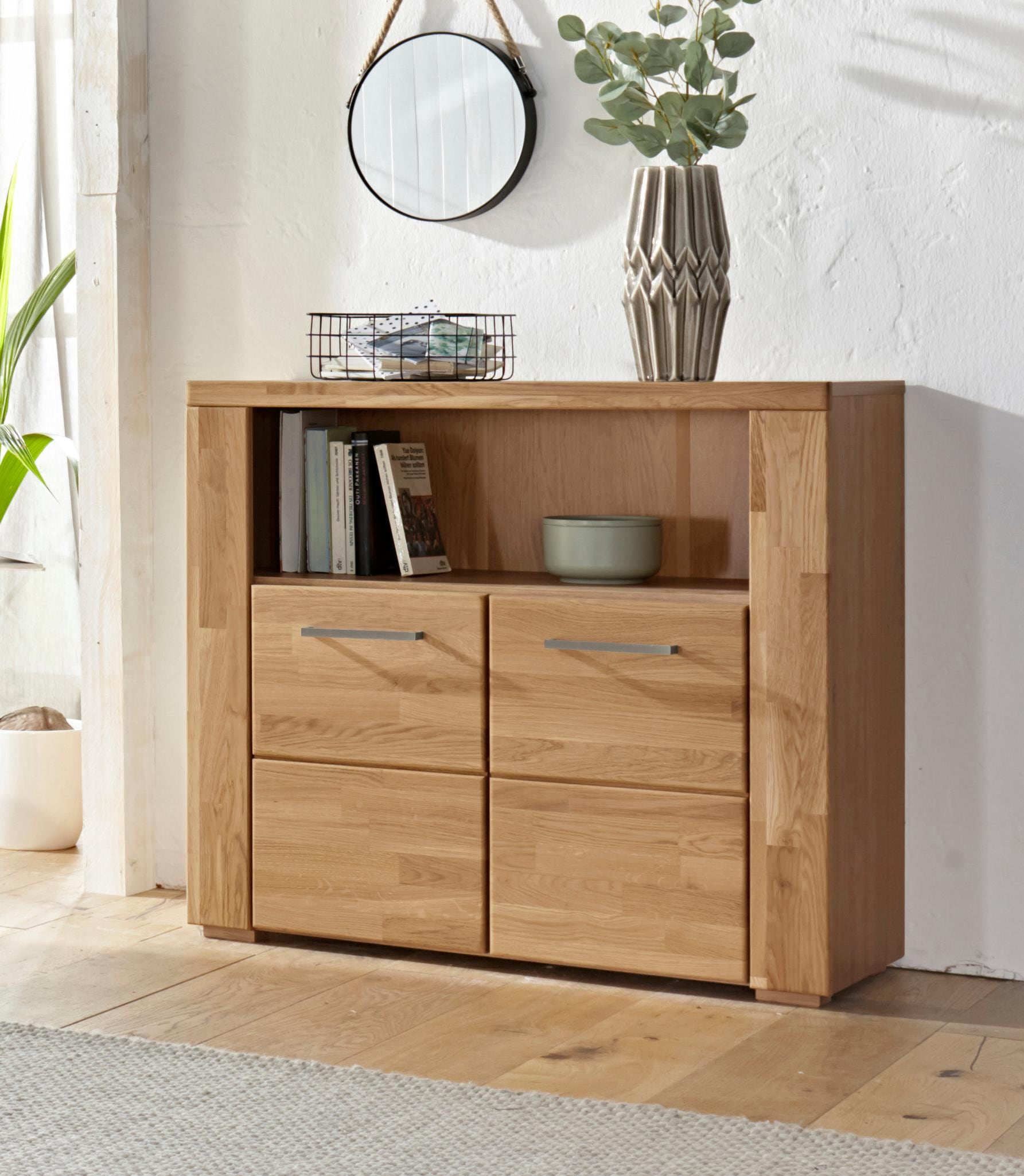Home affaire Kommode »Celle,90cm breit,35 cm tief, Fronten Massivholz« Holz massiv, Holzwerkstoff, Metall Griffe,3 breite Fächer
