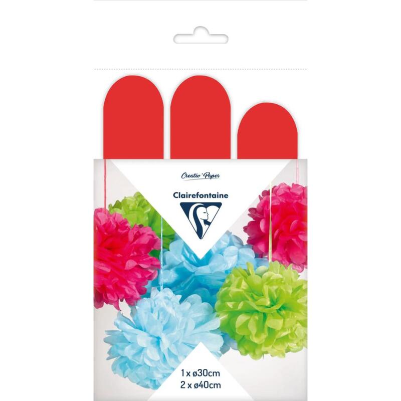 PAPIER DE SOIE, Set de 3 pompons à suspendre Ø30x1 et Ø40x2 - Rouge