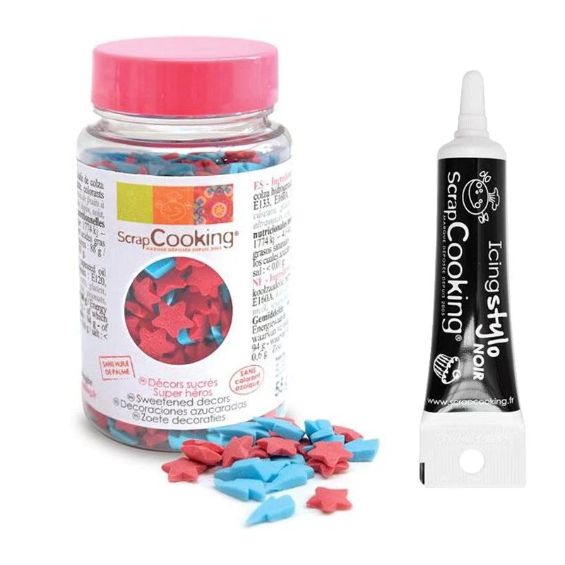 Décors sucrés Super héros 55 g + Stylo de glaçage noir Scrapcooking