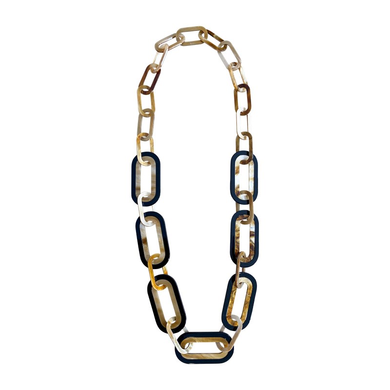 Collier long mailles bicolores noires et beiges