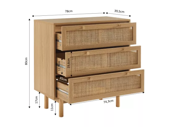 Commode effet chêne et cannage rotin 3 tiroirs ONYX