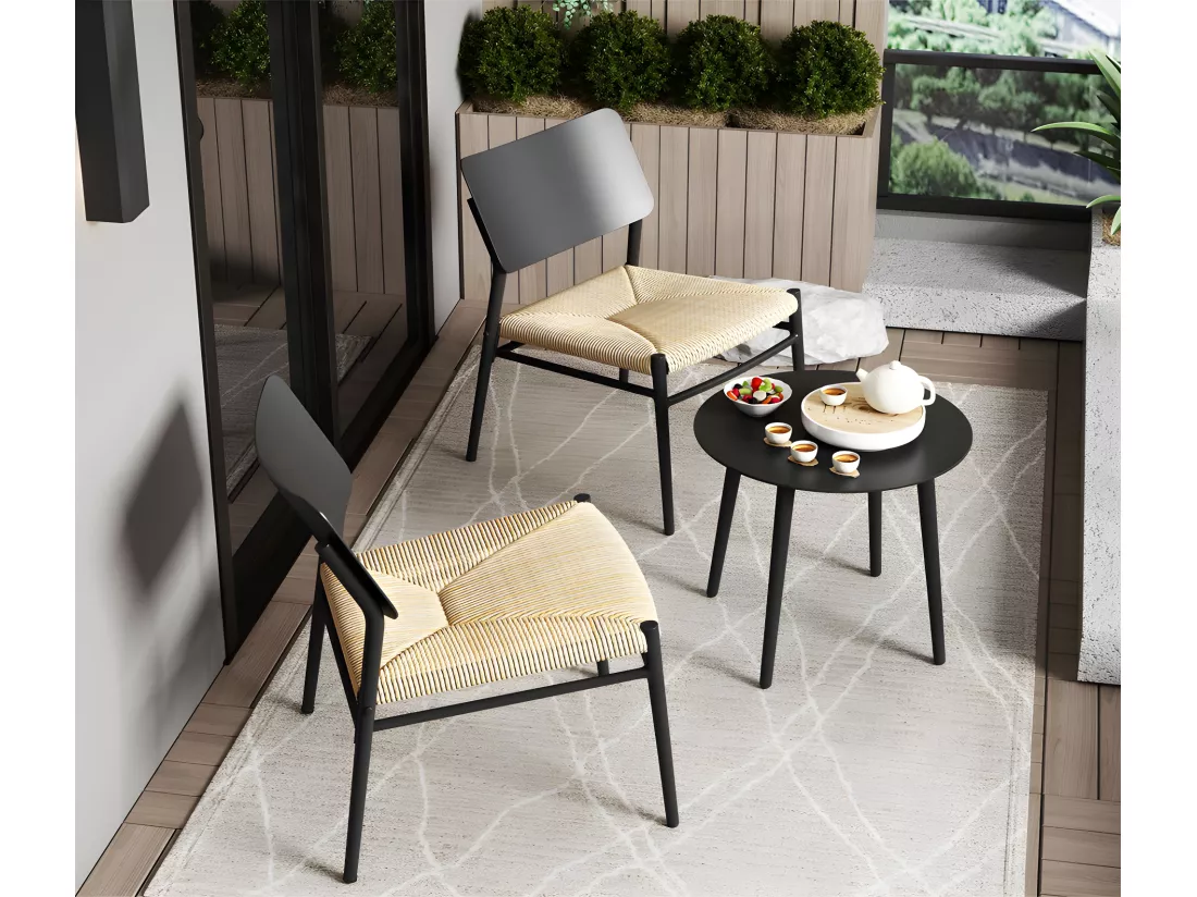 Lot de 2 fauteuils de jardin en aluminium - avec une table basse - tapis en rotin PE - Noir