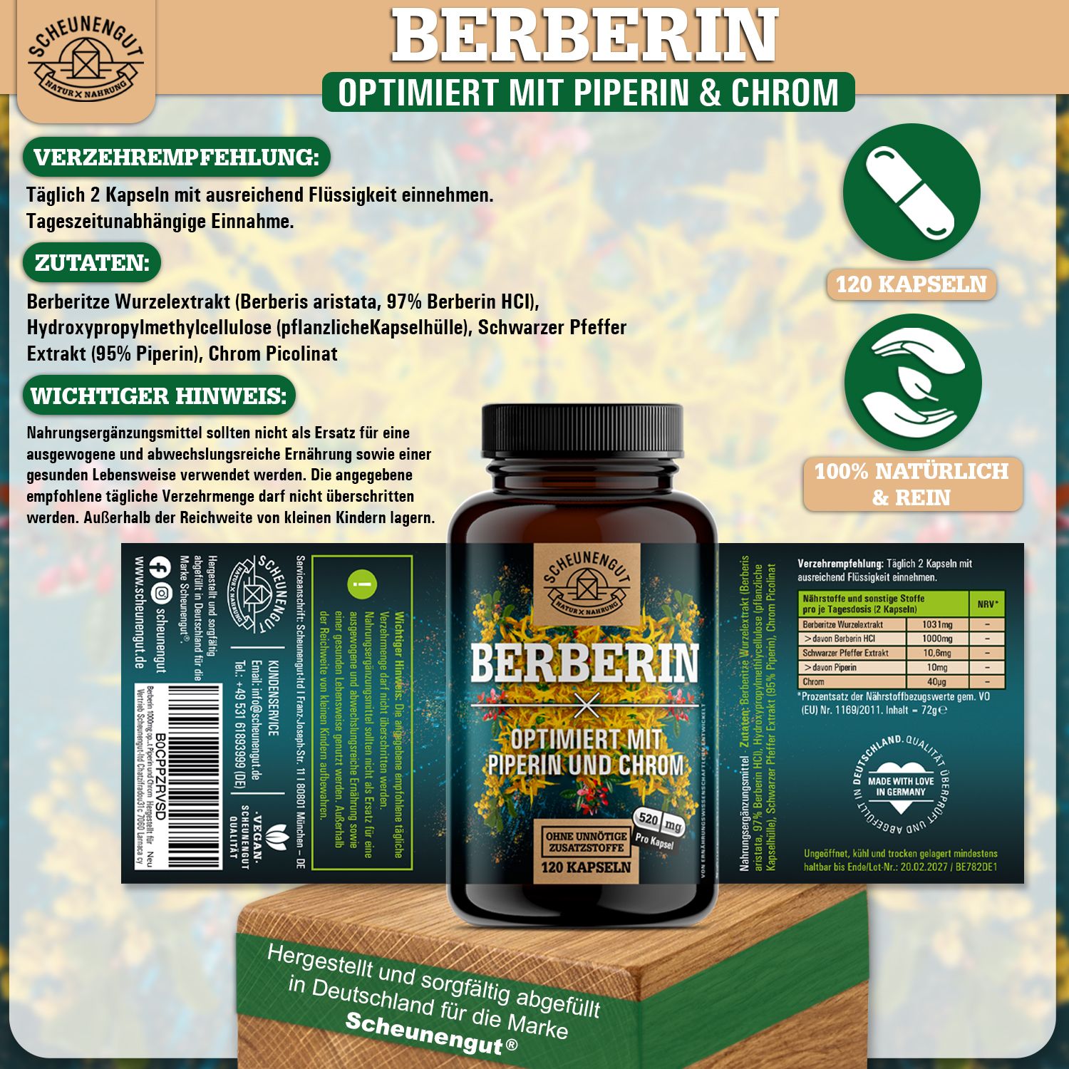 Scheunengut® Berberin | Berberis aristata Extrakt 20:1 optimiert mit Piperin & Chrom