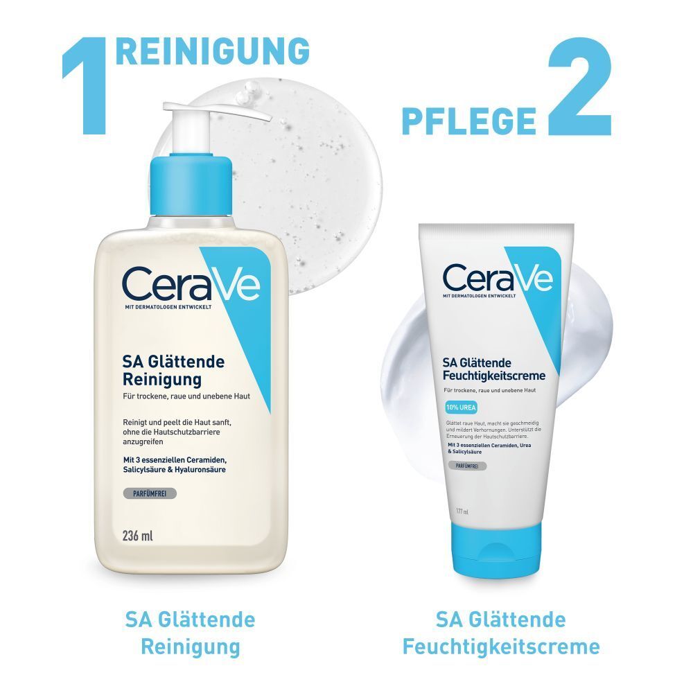 CeraVe SA Urea Glättende Feuchtigkeitscreme bei trockener, rauer und unebener Haut am Körper + CeraVe Hydrating Cleanser GRATIS
