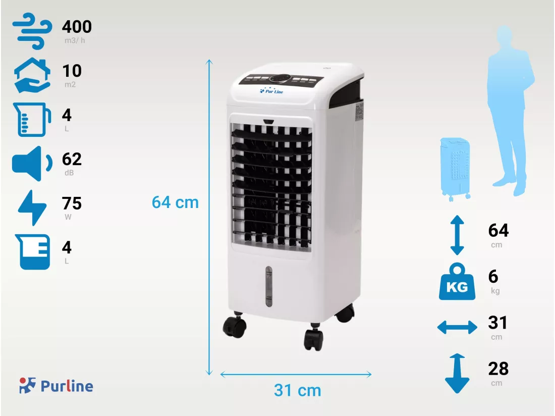 Rafraichisseur d'air par évaporation 70W 3 vitesses et 4 L